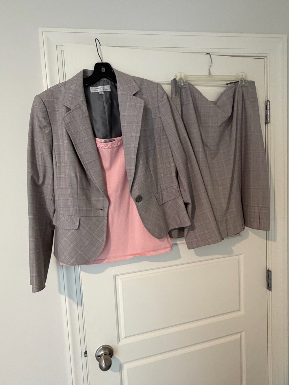 Tahari Taupe Plaid Pleated-Hem Pencil Skirt Set - Picture 2 of 8